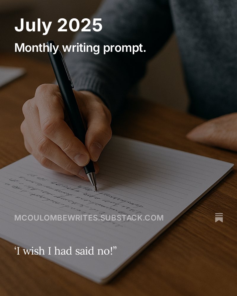 🚨 July Writing Prompt is live!
I’m sharing monthly prompts on my Substack to help writers stay inspired (and maybe a little challenged).

This month’s prompt is up now—come write with me.

open.substack.com/pub/mcoulombew…

#WritingPrompt #AmWriting #SubstackWriters #writing #inspiration