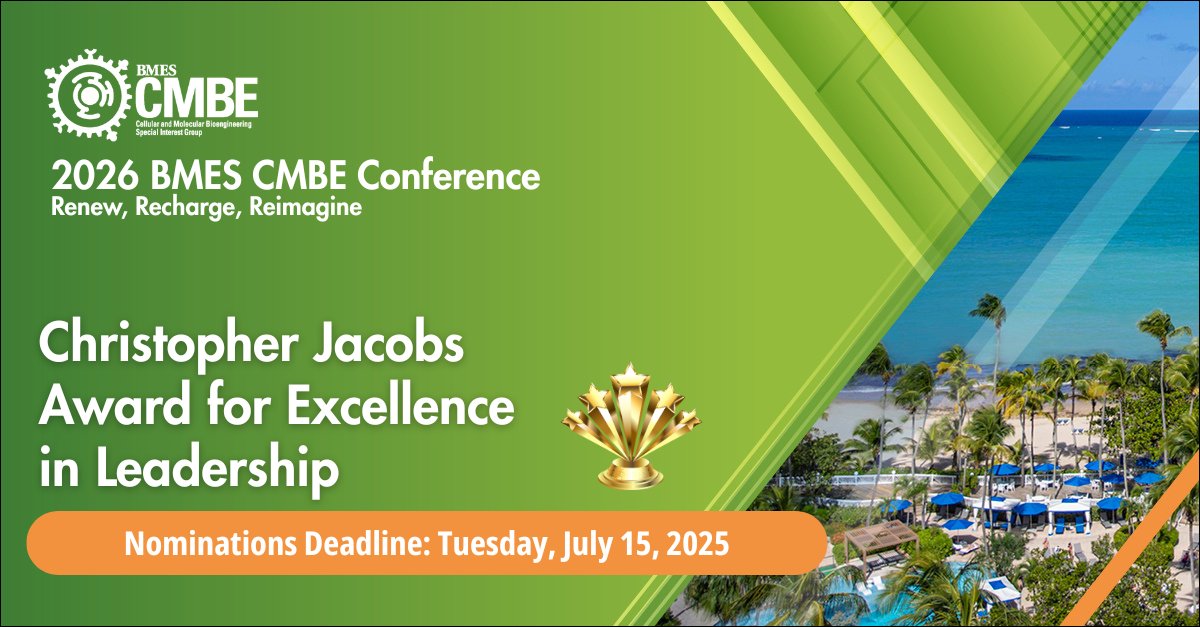 BMESociety's tweet image. 🧠 Leadership that shapes the future of CMBE deserves recognition!
Nominate for the Christopher Jacobs Award by July 15.
This is your chance to spotlight someone who’s moved the field forward.
🔗 hubs.la/Q03vsZ9X0
#BMES #CMBE #BiomedicalEngineering