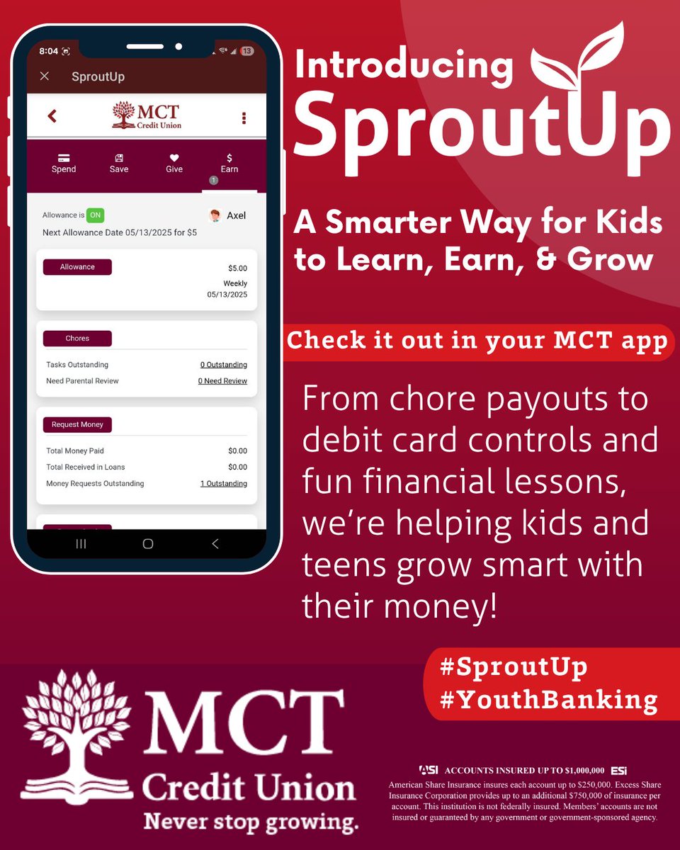 MCTSprout's tweet photo. 🌱✨ Big news for our little savers! Meet SproutUp — a brand-new youth banking experience now available in your MCT Digital Banking app. 
Check it out today in your MCT app 📲

#SproutUp #YouthBanking #NeverStopGrowing #MCTCreditUnion https://t.co/QeRX6yAOwM