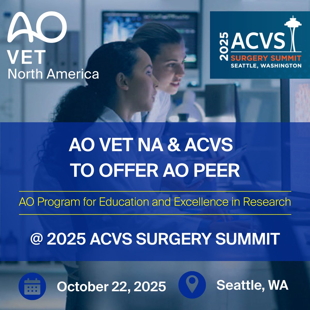 📣 AO VET NA partners with <a href="/TheACVS/">ACVS</a> to offer AO PEER (Level 2) at #ACVS2025!

📆 Oct 22 
📍 Seattle, WA

💻 Online prep starts Sept 22

📝 Learn to write &amp; publish scientific manuscripts w/ expert faculty.
🔗 surgerysummit2025.acvs.org
#AOVETNA #VetSurgery #VetMed