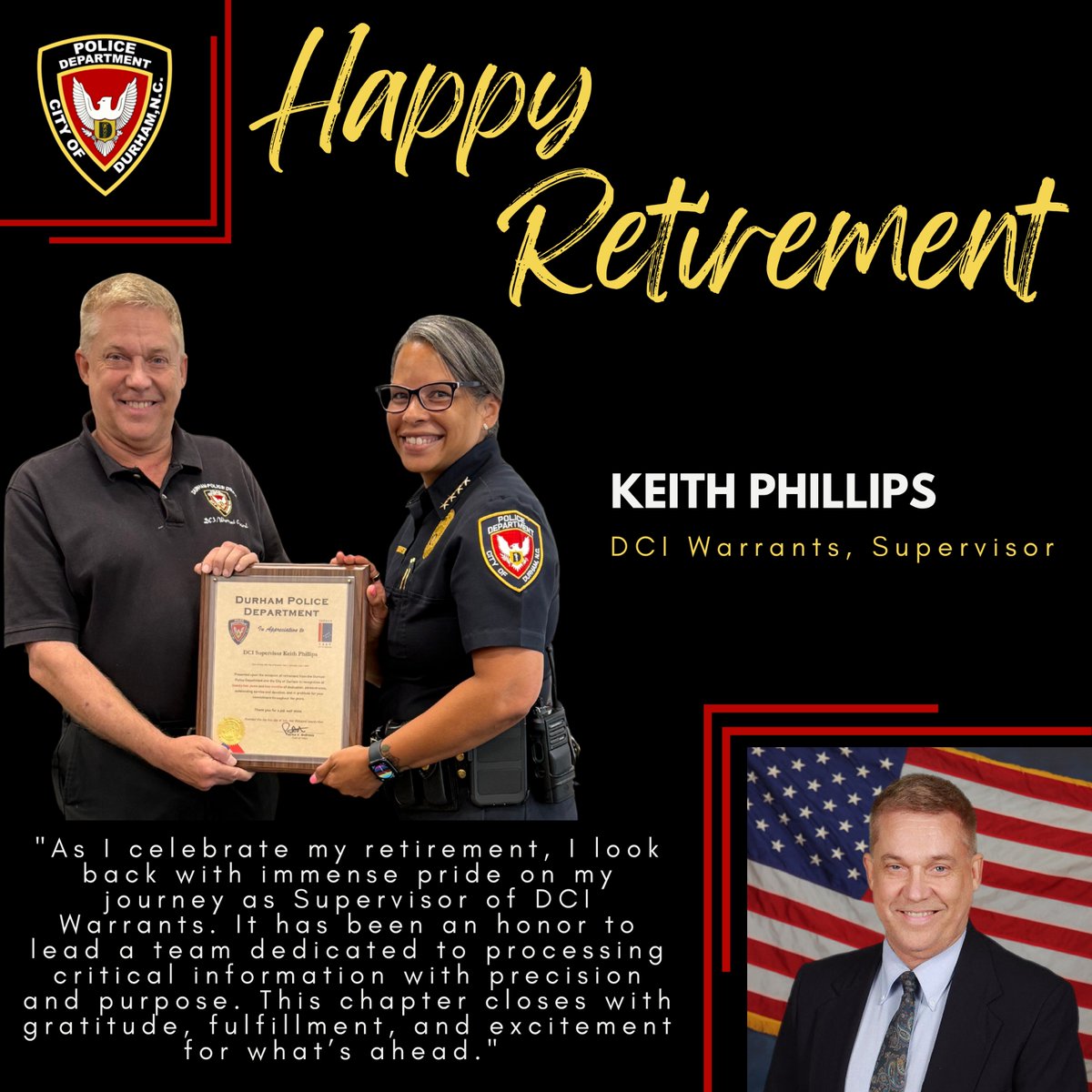 Congratulations to Keith Phillips on retiring after 22 years with the Durham Police Department! Thank you for your service, leadership, and dedication. Wishing you a retirement full of joy and well-earned rest! 👮🏾‍♂️🎉 #DurhamPD #Retirement