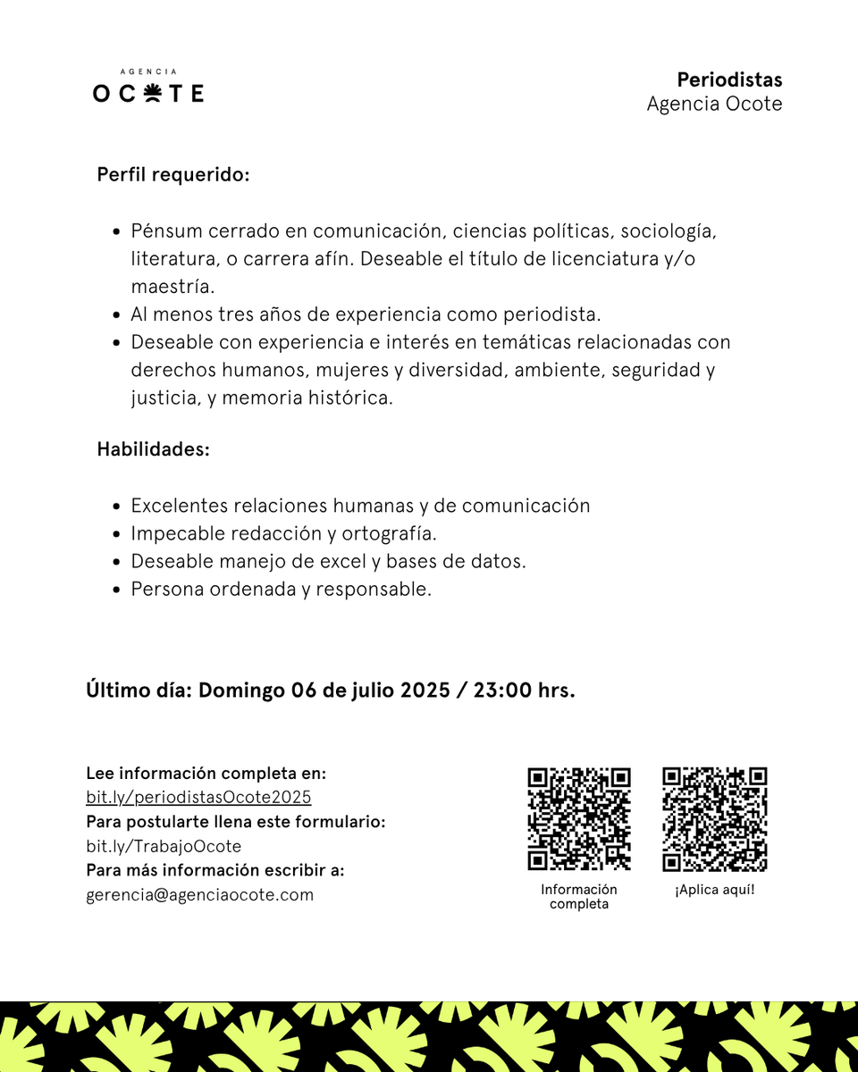 AgenciaOcote's tweet photo. ¡Buscamos periodistas! 🔥
Si deseas aportar al fuego de #Ocote, ahora es tu oportunidad.
📃 Toda la información en: https://t.co/MW8B9kxG7Y
🔗 Si te interesa, llena el formulario: https://t.co/yHpBHKTwnQ
📌Tienes hasta el domingo 6 de julio a las 23:00 hrs. https://t.co/wrYrDw5aNi