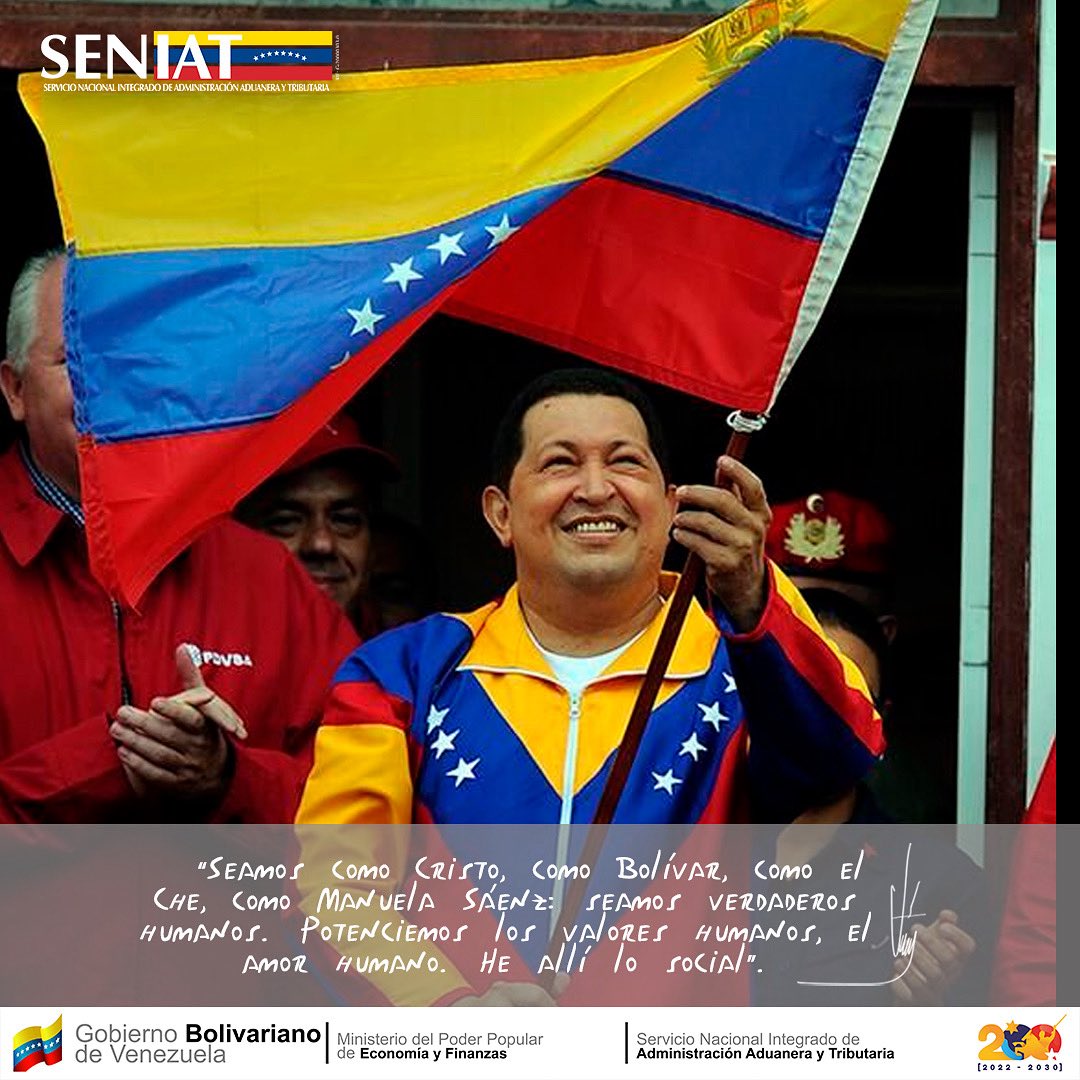 #Frases || #AsíLoDijo el Comandante Supremo y Eterno Hugo Chávez: “Seamos como Cristo, como Bolívar, como el Che, como Manuela Sáenz: seamos verdaderos humanos. Potenciemos los valores humanos, el amor humano. He allí lo social”.

#ChávezVive #HugoChávez #Seniat #Venezuela