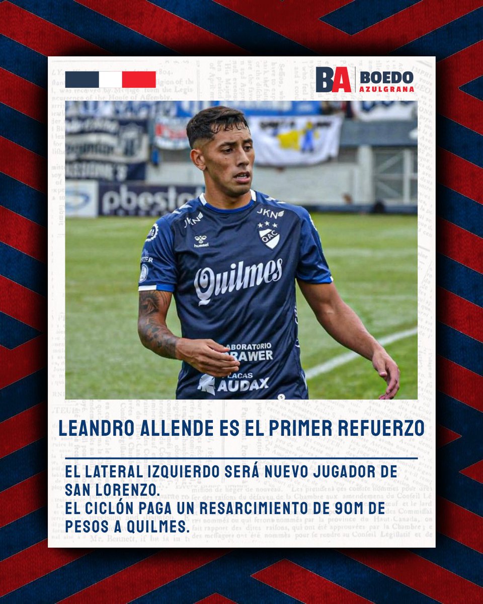 BoedoAzulgrana's tweet photo. LLEGA EL PRIMERO✅

‼️ Leandro Allende será nuevo jugador de #SanLorenzo.

💰 #CASLA paga un resarcimiento de ARS 90.000.000 a Quilmes por los seis meses de contrato restantes del futbolista.

ℹ️ @RomanKotler https://t.co/cD0QYXCd3h