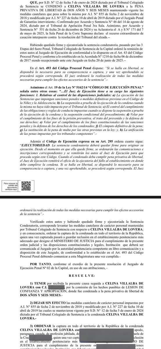 PerlaSilguero's tweet photo. La jueza de ejecución Cynthia Sostoa ordenó la captura de la condenada a dos años y seis meses de prisión Celina Villalba de Lovera por el uso injustificado de G. 1.240.971.000 en perjuicio de la Asociación de Funcionarios Públicos y Docentes Jubilados del Paraguay.

@1000_am @observapy