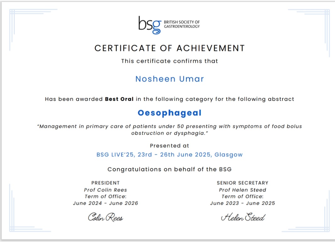 nosheenmujeeb's tweet photo. Delighted to share that I have receive award for best oral presentation at BSG in the oesophageal section this year.  This marks my third consecutive year receiving an award for oral presentation. https://t.co/QEh9NV8oG1