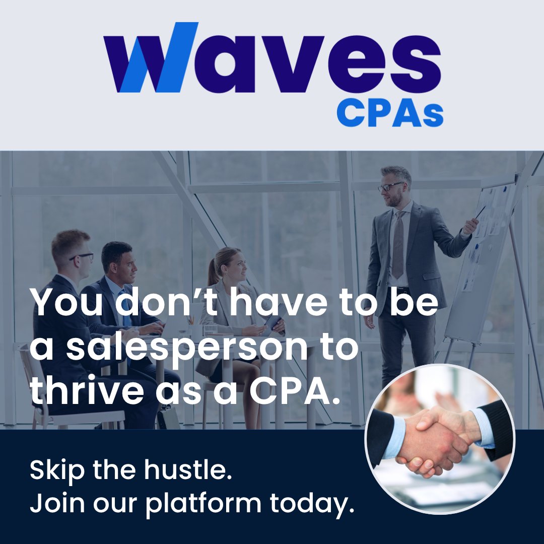 WavesCPAs's tweet image. You became a CPA to solve problems—not to pitch services or chase leads.

At Waves CPAs, we match you with meaningful, project-based work. 

No selling. No cold calls. No stress.

#WavesCPAs #FinanceProfessionals #ClientFirstApproach #CPABusiness #CPALife