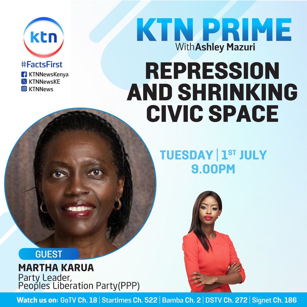 Stay tuned as the chief liberator <a href="/MarthaKarua/">Martha Karua SC</a>  talks about repression and shrinking civic space at <a href="/KTNNewsKE/">KTN News</a> 
United with a purpose for liberation
