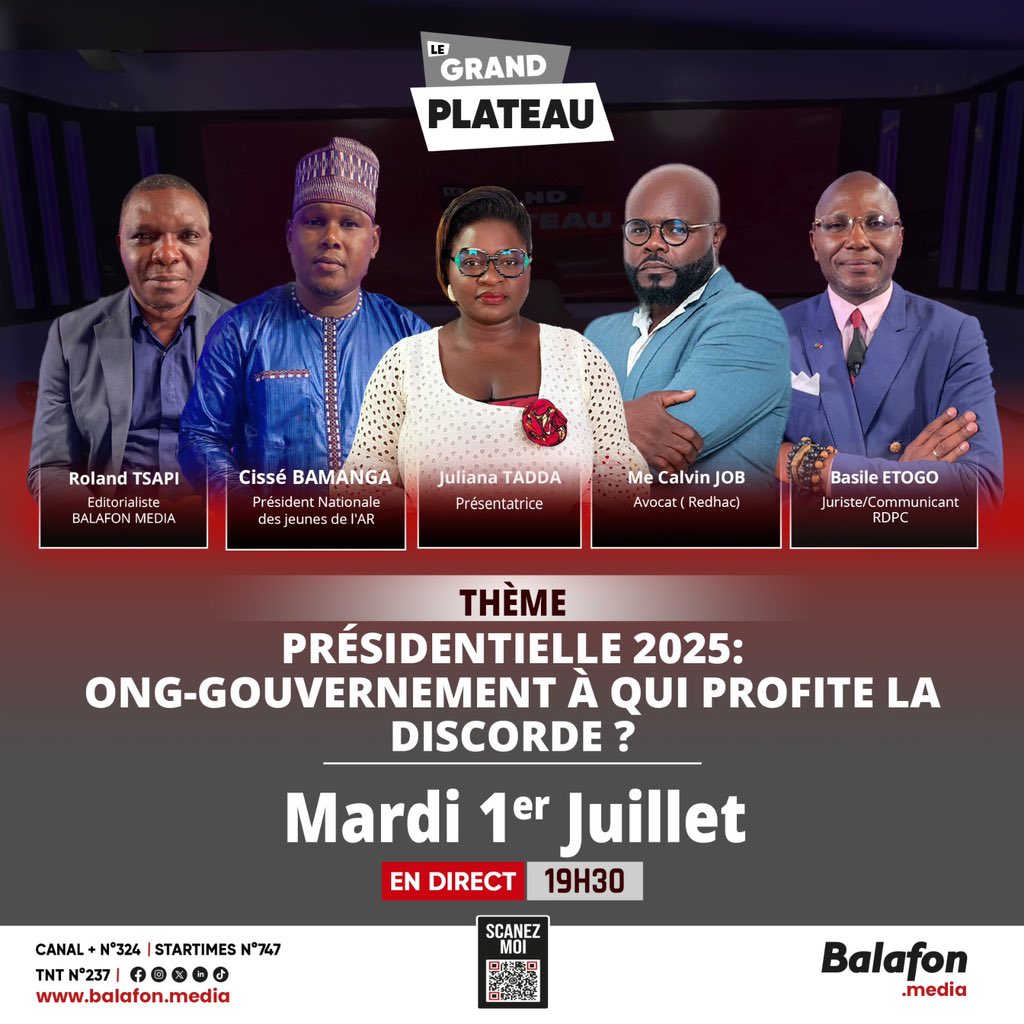 radio_balafon's tweet photo. 🟥🔜 #LeGP
Présidentielle 2025 : ONG vs Gouvernement, qui profite vraiment de la discorde ?
Alors que les ONG et le gouvernement s’affrontent sur la gestion des crises et des élections. Qui manipule qui ? Quels sont les enjeux cachés ?
Nos invités en débattent dès 19h30 https://t.co/qFVc7JuWzU