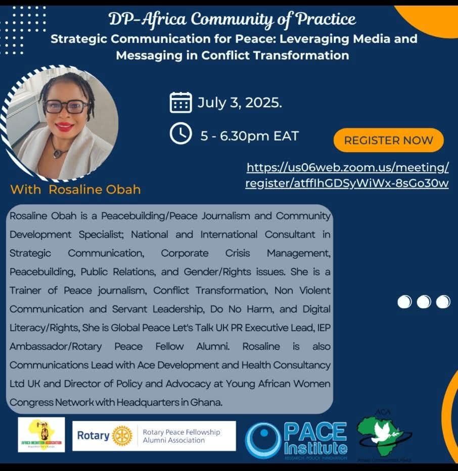 Privileged kicking off July as the guest speaker for @DigiPeaceAfrica’s webinar
📅 July 3 | 🕔 5PM EAT
💻 Online
🗣️ Strategic Communication for Peace: Leveraging Media &amp; Messaging in Conflict Transformation
Join us! 👇
🔗 linkedin.com/posts/digital-…

#Peacebuilding  #AfricaRising