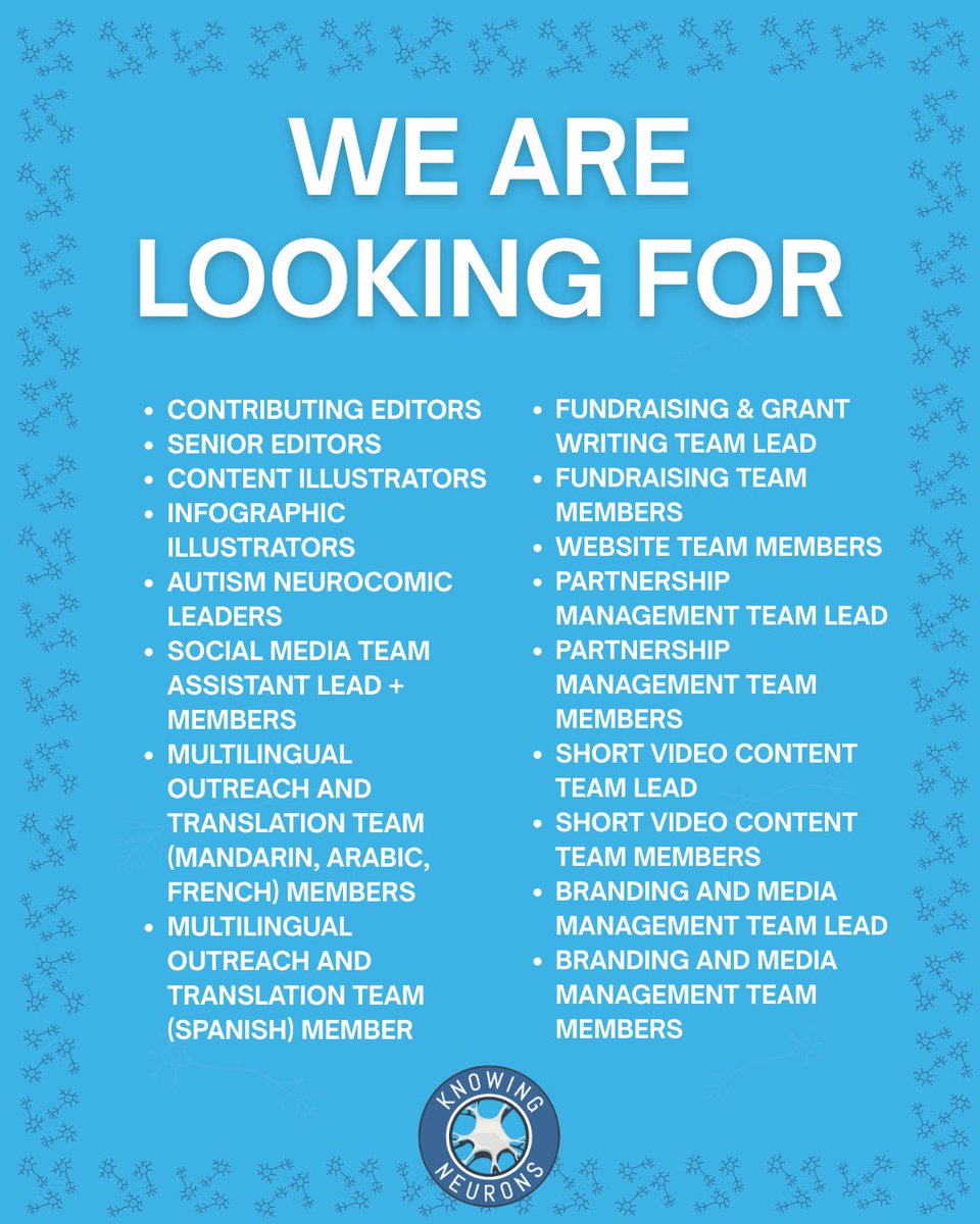 KnowingNeurons's tweet image. Knowing Neurons is recruiting! We will be accepting applications until July 14th. There are two separate applications- one for our general positions and one for our Multilingual Outreach and Translation team which is embedded in the general form.
docs.google.com/forms/d/e/1FAI…