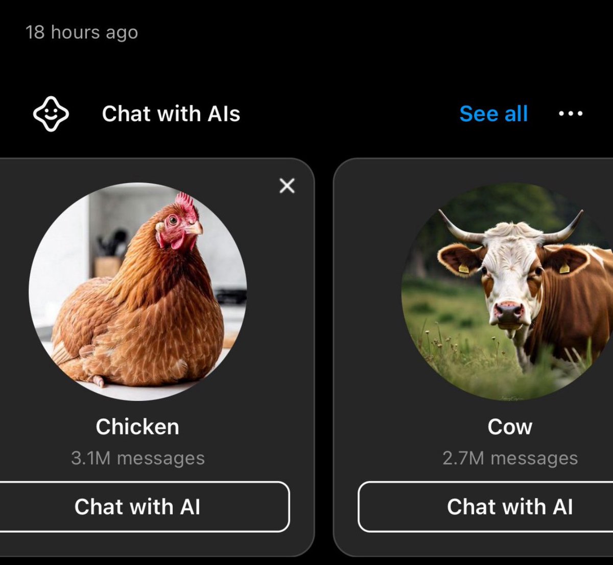 Kakashi (@kkashi_yt) on Twitter photo People sent 3.1M messages to a chicken ai and 2.7M messages talking to a cow lmao People sent 3.1M messages to a chicken ai and 2.7M messages talking to a cow lmao