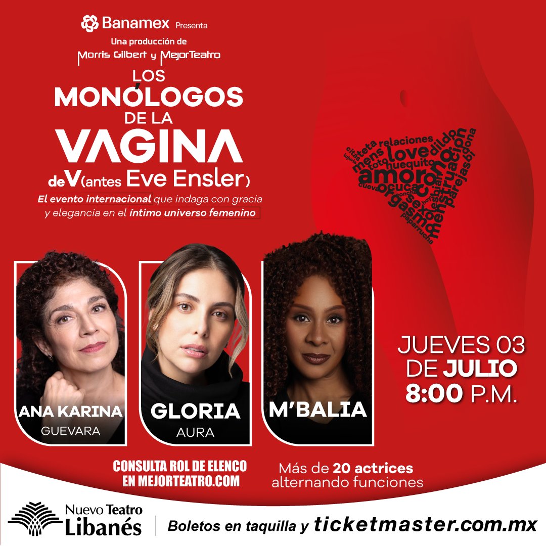 ¿Ya tienes tus boletos para acompañar este jueves a #Mbalia, <a href="/AnaKarinaGE/">Ana Karina Guevara</a> y <a href="/GloriaAura/">Gloria Aura 🕊️</a> a explorar el íntimo universo femenino en #LosMonólogosDeLaVagina?

📍 Nuevo Teatro Libanés
📆 Jueves 03 de julio
⏰ Función a las 8:00 p.m.
🎟️ bit.ly/LosMonologosDe…