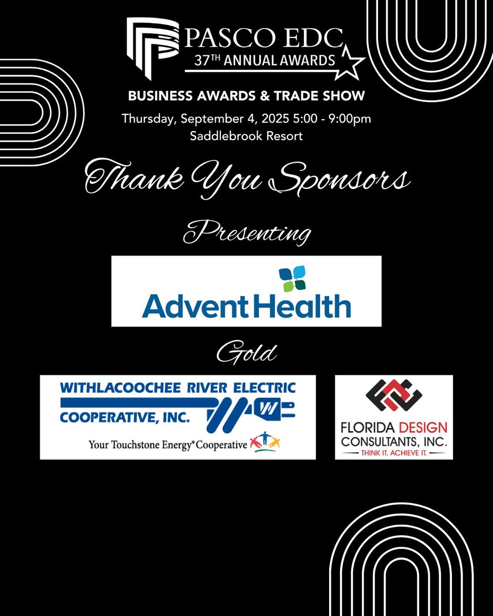Pasco EDC (@pascoedc) on Twitter photo THANK YOU to our sponsors for the Pasco EDC 37th Annual Awards!
โจFinalist Reception: <a href="/RealtorsTampa/">Greater Tampa REALTORS</a>
โจVideo Production: TradeUp Marketing
โจPresenting: <a href="/AdventHealthWFL/">AdventHealth West Florida</a>
โจGold: Withlacoochee River Electric Cooperative, Inc. and <a href="/FloridaDesignC1/">Florida Design Consultants, Inc.</a>
With the trade show back and THANK YOU to our sponsors for the Pasco EDC 37th Annual Awards!
โจFinalist Reception: <a href="/RealtorsTampa/">Greater Tampa REALTORS</a>
โจVideo Production: TradeUp Marketing
โจPresenting: <a href="/AdventHealthWFL/">AdventHealth West Florida</a>
โจGold: Withlacoochee River Electric Cooperative, Inc. and <a href="/FloridaDesignC1/">Florida Design Consultants, Inc.</a>
With the trade show back and