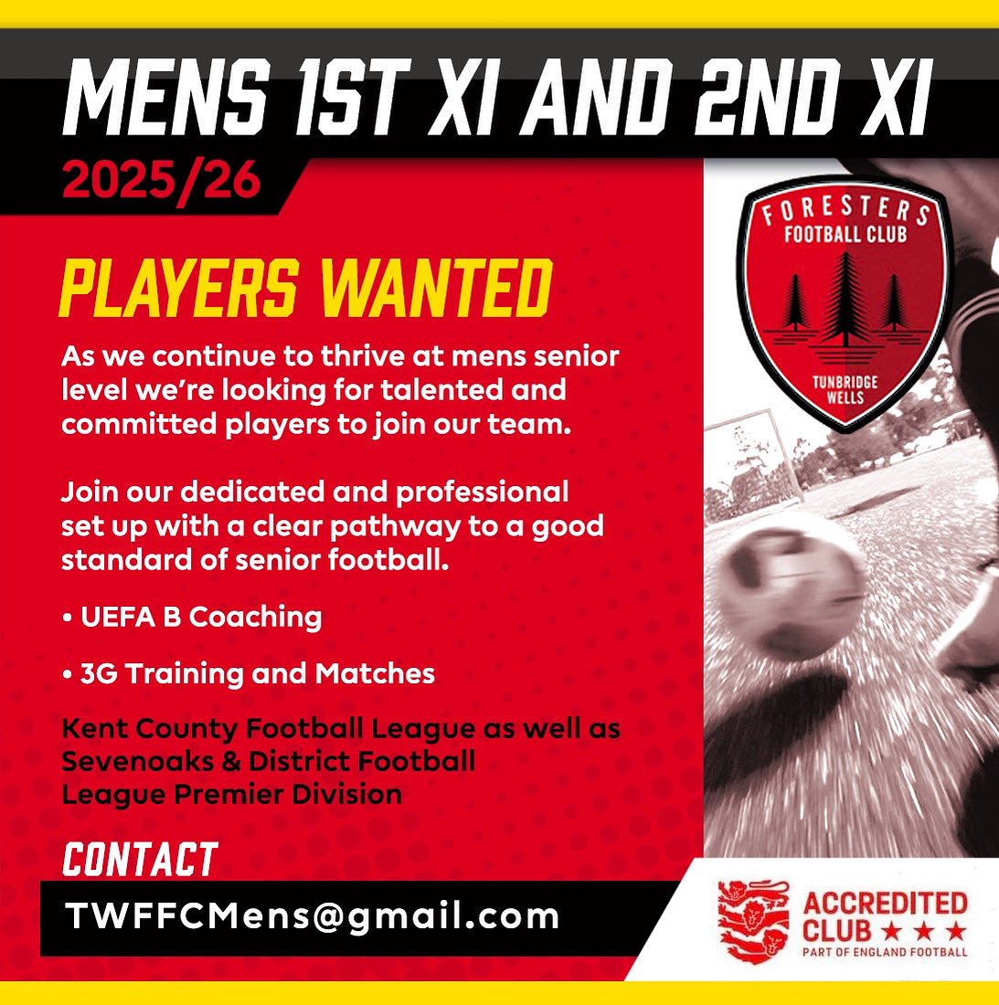 TW Foresters FC (@twforesters) on Twitter photo We are recruiting players 16.+ for all positions for our two senior men’s teams playing in the <a href="/KCFL1516/">Kent County FL News</a> & <a href="/SDisrictFL/">Sevenoaks_Districtfl</a>
Both teams train Wednesday & play on 3G pitches Saturday with support & coaching from UEFA B coaches.
🟥⬛️
Interested - see below👇 We are recruiting players 16.+ for all positions for our two senior men’s teams playing in the <a href="/KCFL1516/">Kent County FL News</a> & <a href="/SDisrictFL/">Sevenoaks_Districtfl</a>
Both teams train Wednesday & play on 3G pitches Saturday with support & coaching from UEFA B coaches.
🟥⬛️
Interested - see below👇