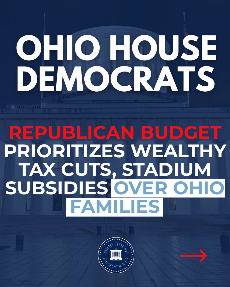 OHHouseDems's tweet image. Even after Governor DeWine’s line-item veto, this Republican budget continues to choose wealthy tax cuts & stadium subsidies over Ohio families.
Ohio families will pay the price.