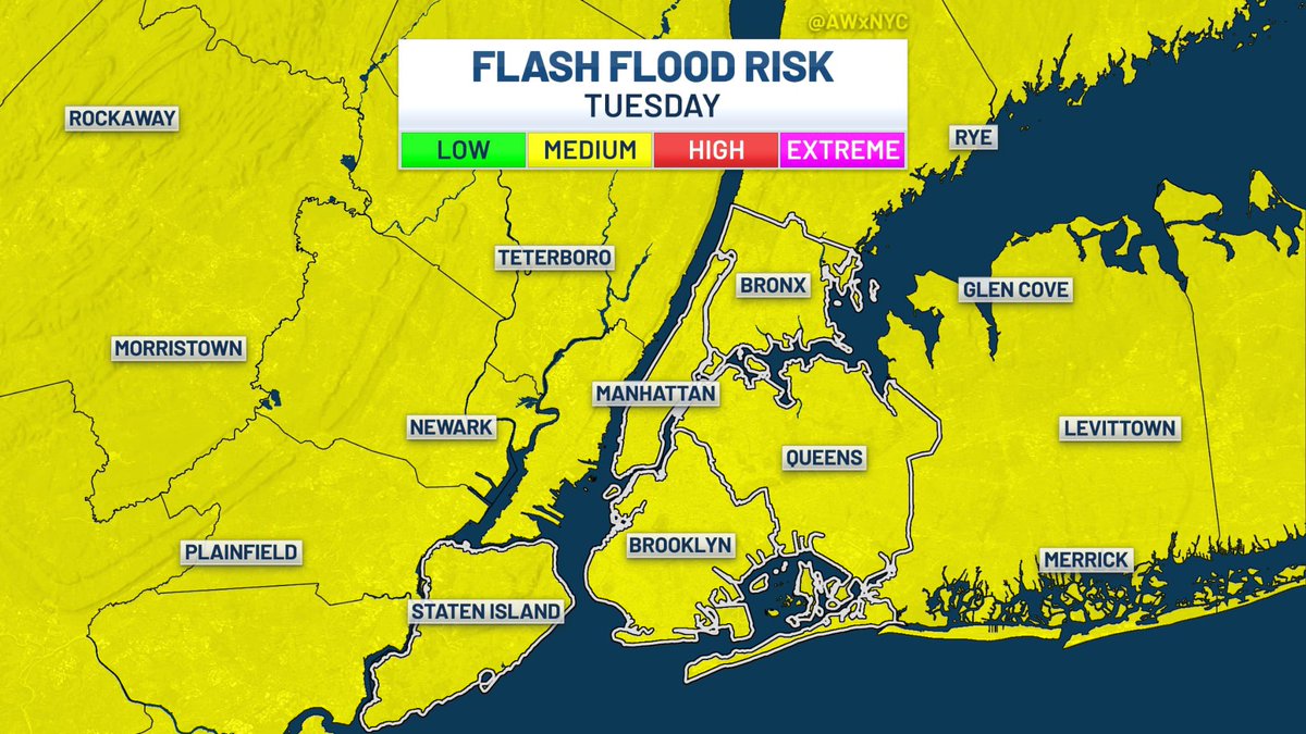 AWxNYC's tweet image. #NYC #SEVERE #STORM THREAT ⚡️⚠️
Biggest threat is flooding downpours with any “training” storms, those that sit over the same areas for a while.
60 mph gusts and lots of lightning also on the table. Timing is 3PM to 9PM ⏰