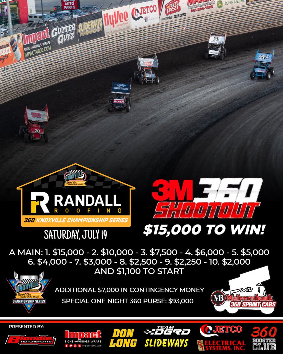 NEWS - $93,000 Purse Up for Grabs During 3M Night / 360 Shootout at Knoxville Raceway on July 19!

Link to READ Press Release ⤵️
tinyurl.com/349xkhbj