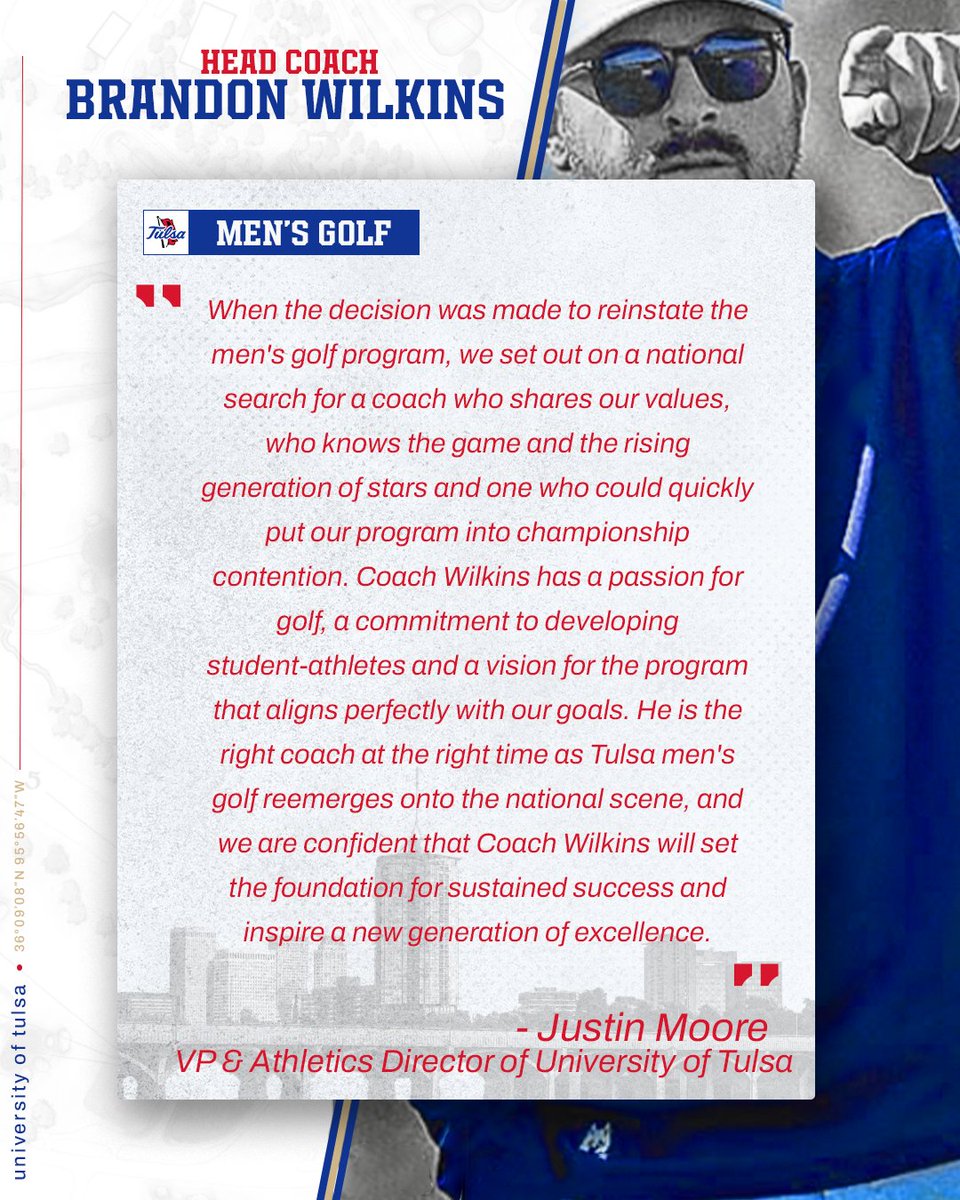 TulsaMensGolf's tweet image. Athletics Director Justin Moore on the hiring of Brandon Wilkins as Men's Golf Coach!
#ReignCane | @TulsaSportsAD