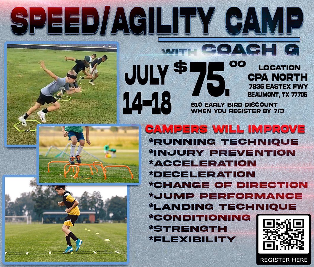 ‼️SAVE💰💰BY REGISTERING TODAY‼️

Kick your summer camps off with Speed &amp; Agility Camp With Coach G 🔥

Dr. Gerardo Ruiz, also known as coach G has a special passion for the beautiful game and the idea of working in Sports Medicine and providing care to athletes has always been