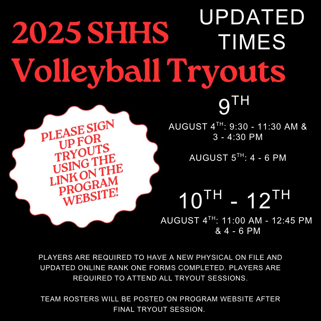 volleyball_shhs's tweet image. TRYOUT TIMES HAVE BEEN UPDATED! Please make sure to mark your calendars with these new times. Remember that in order to tryout, players must have a new physical and completed the online Rank One forms. Please use the link on the program website to sign up for tryouts!