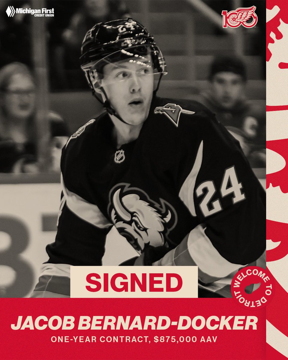 UPDATE: The #RedWings have signed Jacob Bernard-Docker to a one-year contract with an AAV of $875,000.
