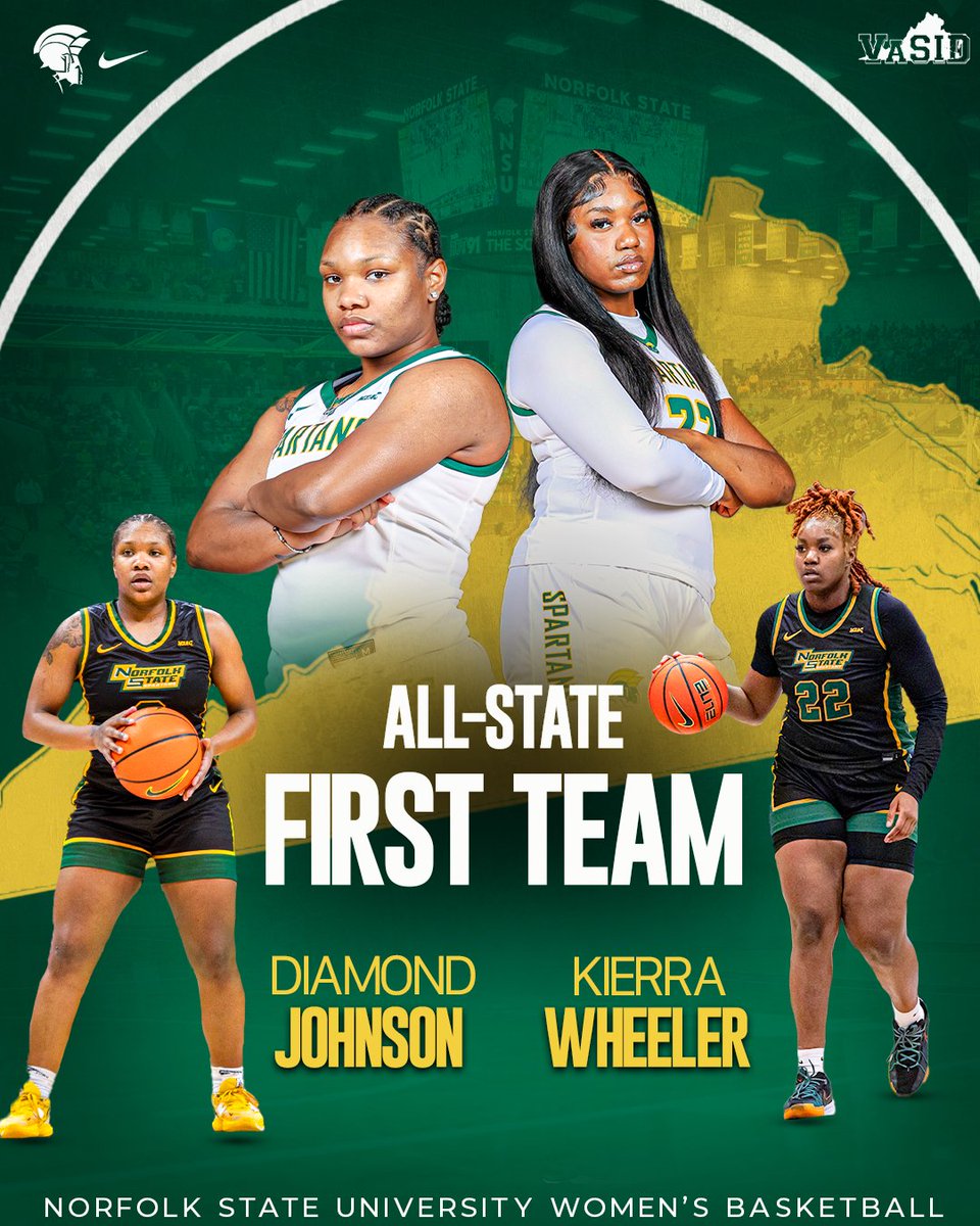 NorfolkStateWBB's tweet image. Continuing to rack up honors!🙌
Diamond Johnson and Kierra Wheeler land on the VaSID All-State First Team!
📝shorturl.at/ZxG2U
#GoldStandard🔰