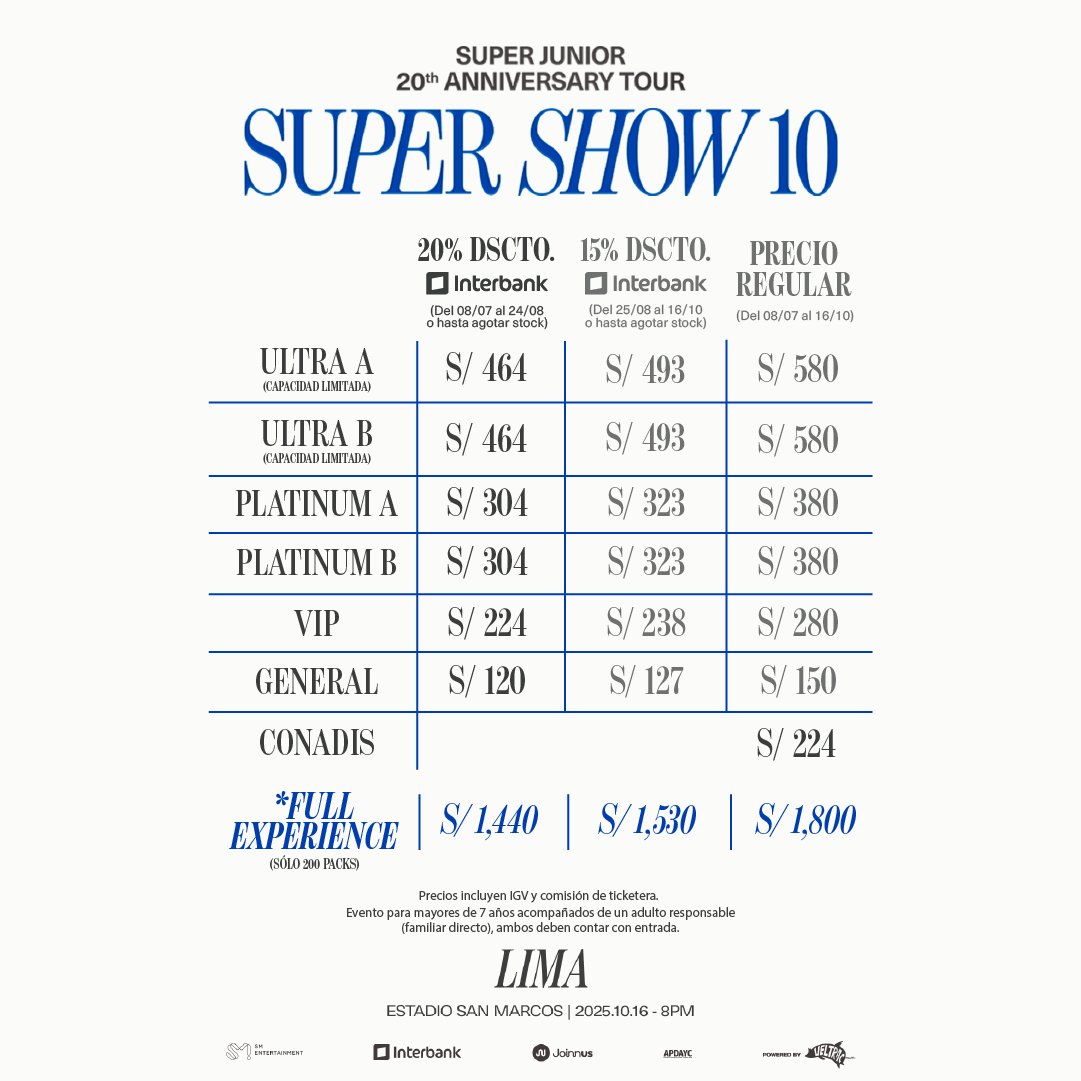 ¡ELF, los precios ya salieron!
Es momento de planear la mejor noche de nuestras vidas
Jueves 16 de octubre - Estadio San Marcos
Artist Pre-sale desde el lunes 7 de julio
Venta local en <a href="/joinnus/">Joinnus</a> desde este martes 8 

🔥 #superjuniorenlima #sj20thanniversary #ELFPerú  #veltracmusic