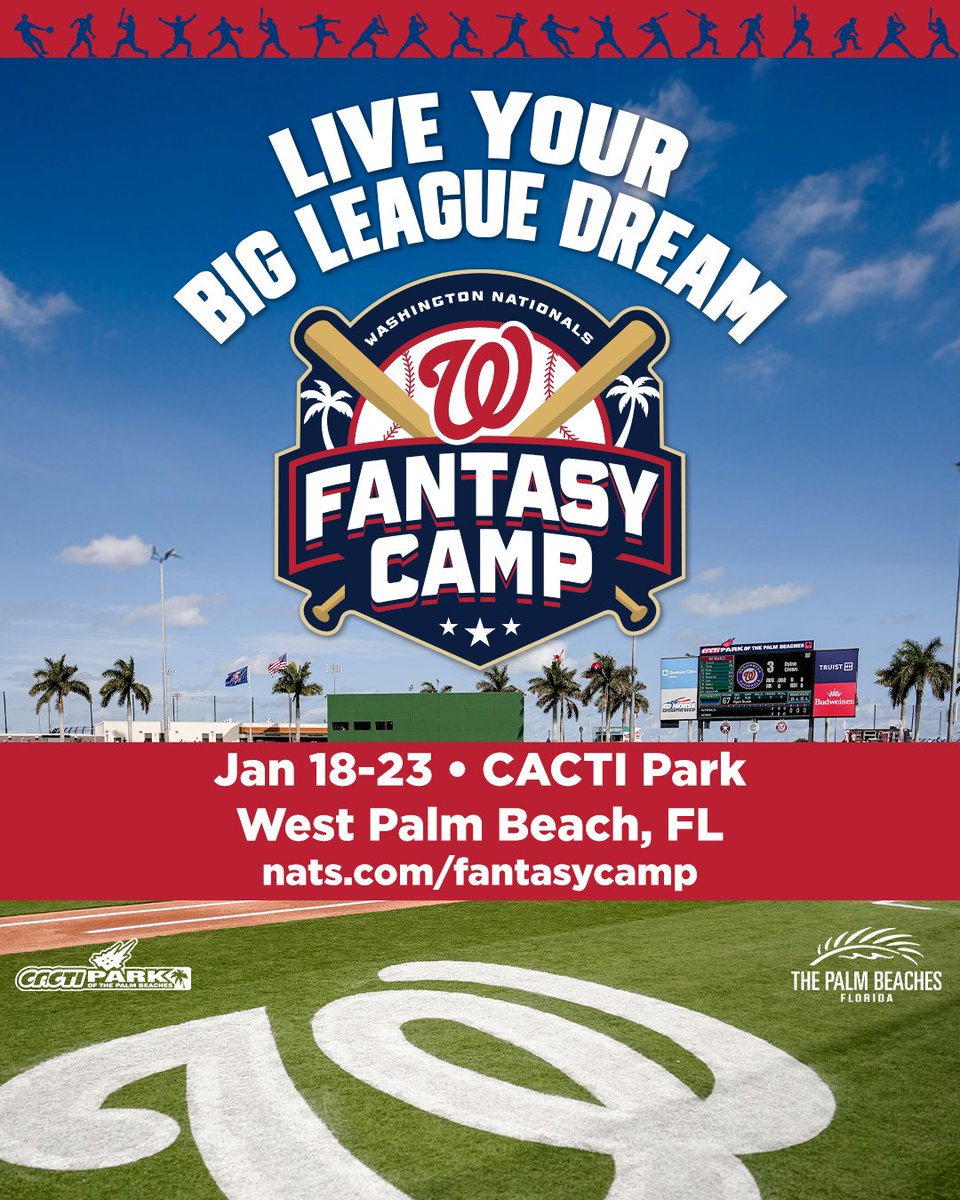 NationalsPark's tweet image. FIRST-EVER NATS FANTASY CAMP
- train with Nationals alumni
- play games on the field at @CACTIParkPB
- get your own customized @Nationals jersey + gear
- annnnd more!
→ nats.com/fantasycamp