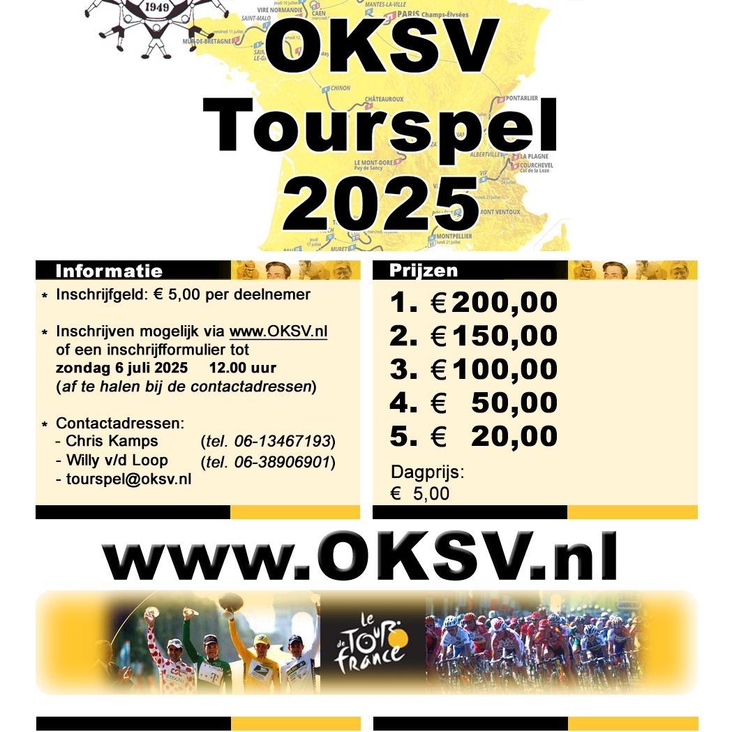 Komende zaterdag gaat hij dan eindelijk van start: De Tour de France 2025. Bijna alle deelnemende teams hebben hun (voorlopige) selecties bekend gemaakt.

Dus... ga snel naar oksv.nl/tourspel2025/ en schrijf je in voor komende zondag 6 juli 12.00 uur!!