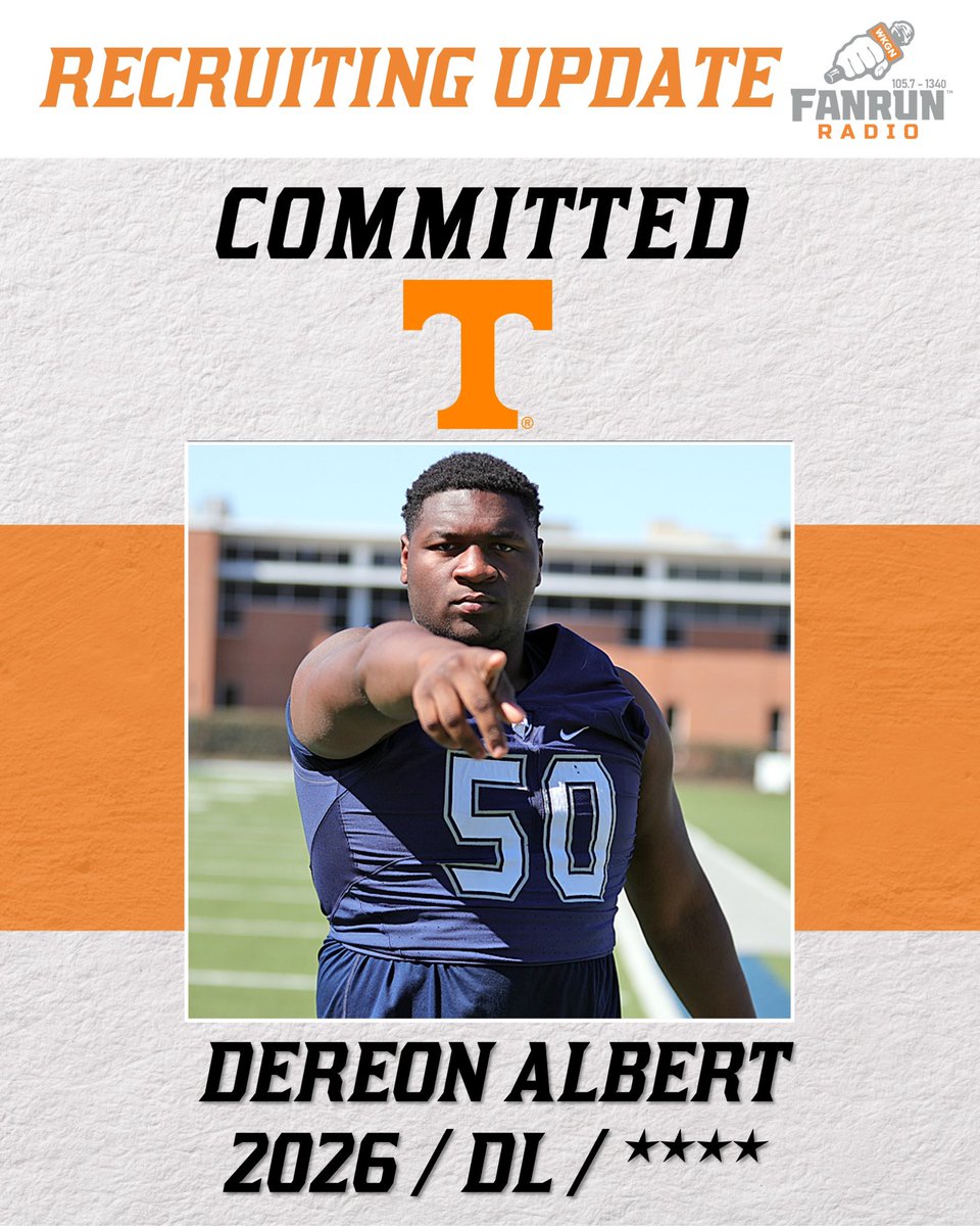 BREAKING🚨: Four-Star DL Dereon Albert has COMMITTED to Tennessee!

The 6’2 290 DL from Jackson Academy in Jackson, MS chose the Vols over North Carolina, Mississippi State, and Arkansas.

Heupel is ON FIRE right now in recruiting🔥

#ForTheFans