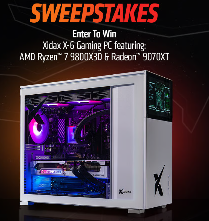 Xidax PCs (@xidaxpcs) on Twitter photo 🚨GIVEAWAY ALERT 🚨We've partnered up with our friends at <a href="/AMDGaming/">AMD Gaming</a> To give a Xidax X-6 to one of you! Powered by a Ryzen 7 9800X3D and Radeon RX 9070XT.
This giveaway is going FAST! So make sure to get your entries in!
Enter Here: gleam.io/lxr1l/amd-x-xi… 🚨GIVEAWAY ALERT 🚨We've partnered up with our friends at <a href="/AMDGaming/">AMD Gaming</a> To give a Xidax X-6 to one of you! Powered by a Ryzen 7 9800X3D and Radeon RX 9070XT.
This giveaway is going FAST! So make sure to get your entries in!
Enter Here: gleam.io/lxr1l/amd-x-xi…