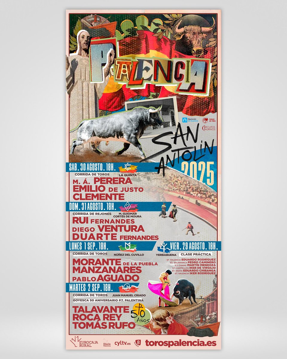 💥 ¡Carteles de 𝗦𝗮𝗻 𝗔𝗻𝘁𝗼𝗹𝛊́𝗻 𝟮𝟬𝟮𝟱! Una clase práctica, tres corridas de toros y una corrida de rejones componen el ciclo. 

🙌 ¡Nos vemos en 𝗖𝗮𝗺𝗽𝗼𝘀 𝗚𝗼́𝘁𝗶𝗰𝗼𝘀 del 29 de agosto al 2 de septiembre! 
#TorosPalencia