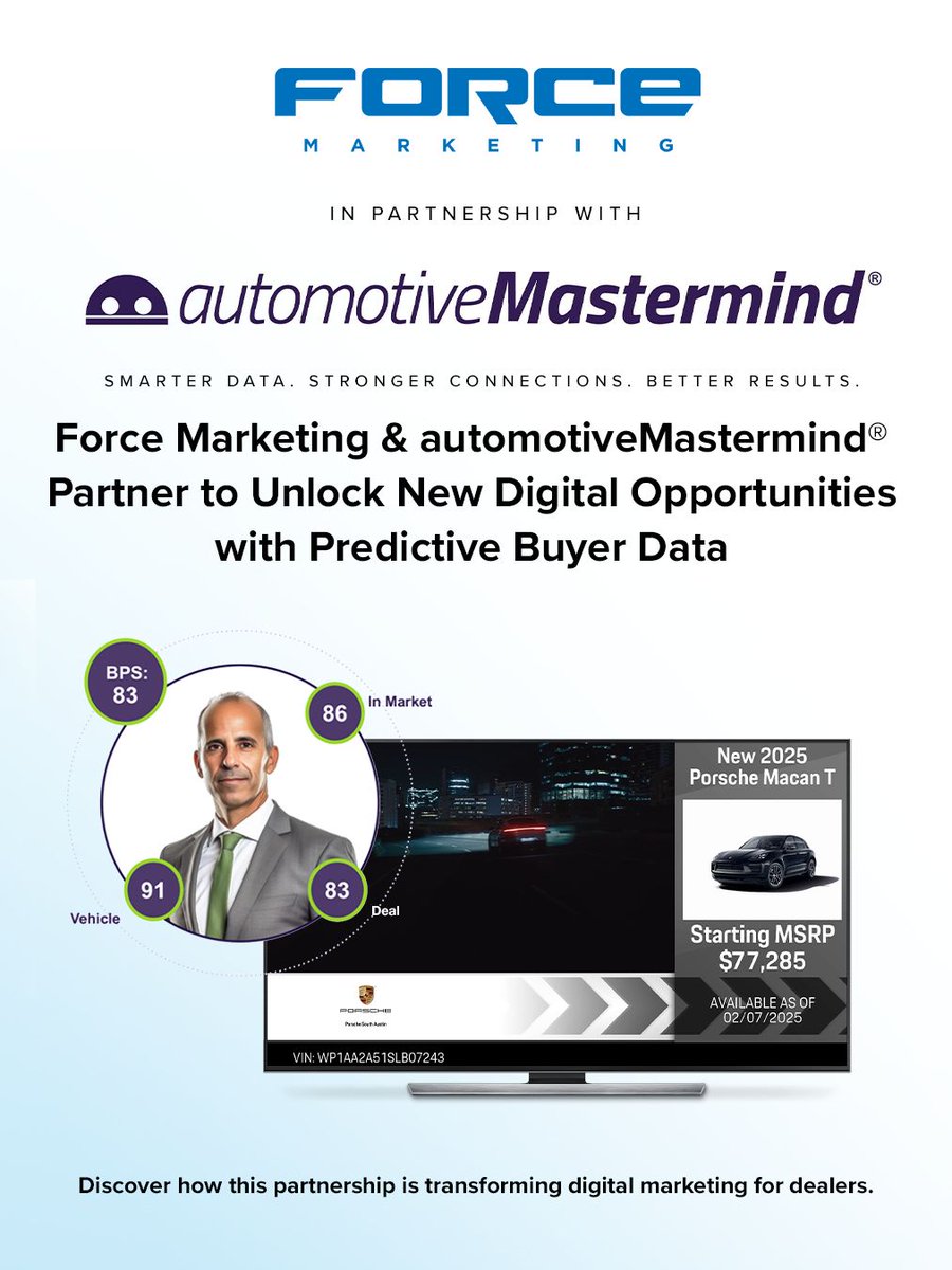 Force Marketing and automotiveMastermind® Announce Strategic Data Partnership

Learn more about how this partnership is transforming dealership performance: bit.ly/3I1AxVM
