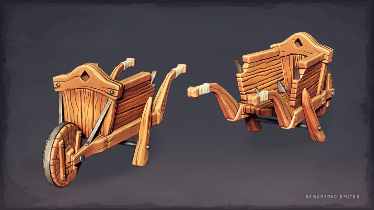 Dmitry_3dart's tweet image. Stylized 3D wheelbarrow — fan art based on a RuneScape prop by Anouk Debruyne.
Maya (retopo), ZBrush, RizomUV, Marmoset, Substance Painter (PBR), Unreal Engine 5.
4034 tris, 2k textures.
Env not mine.
Made while watching Fred Taylor&apos;s CGLama streams.

#3DArt #StylizedArt #GameDev