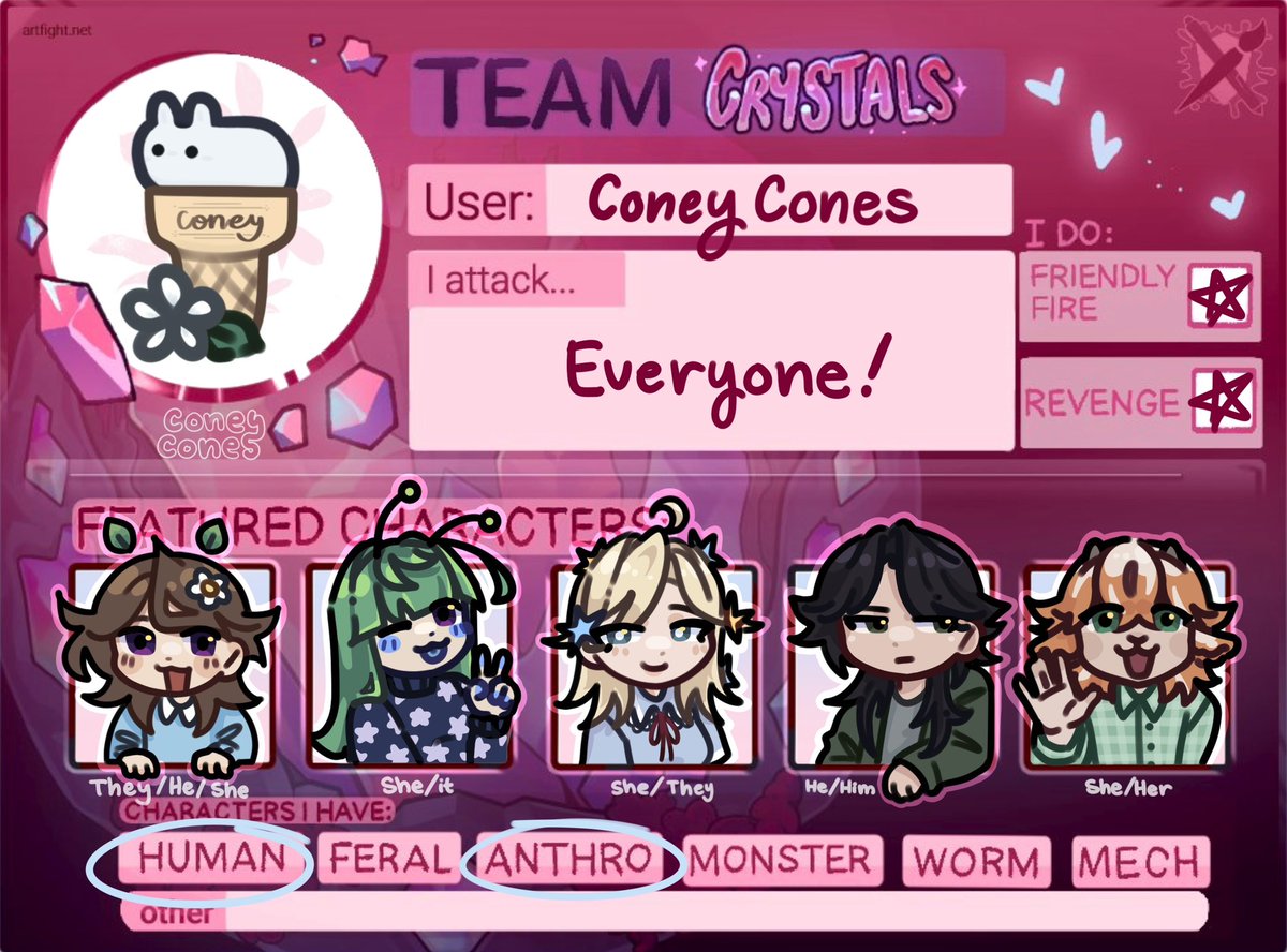 Yayy happy artfight everyone here’s my profile :D
artfight.net/~ConeyCones
 #artfight2025 #Artfightteamcrystals #artfight