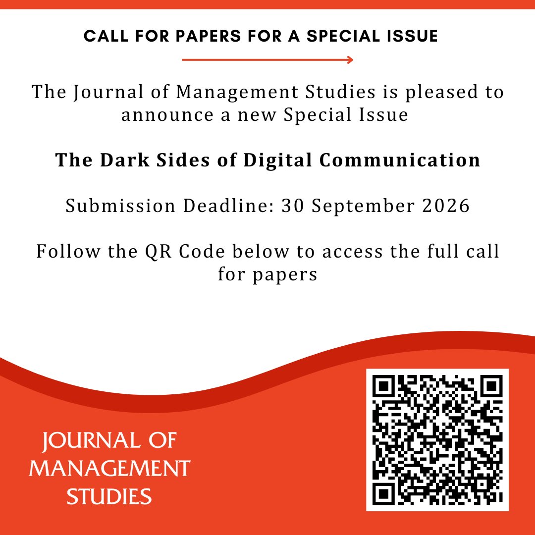 🚨 JMS Call for Papers! Explore the dark sides of digital communication - from misinformation to organizational impacts. 

Submission deadline: 30 Sept 2026. 

🔗 Call details: bit.ly/44C1OXv

#CallForPapers #JMS #JMS_Journal #Wiley