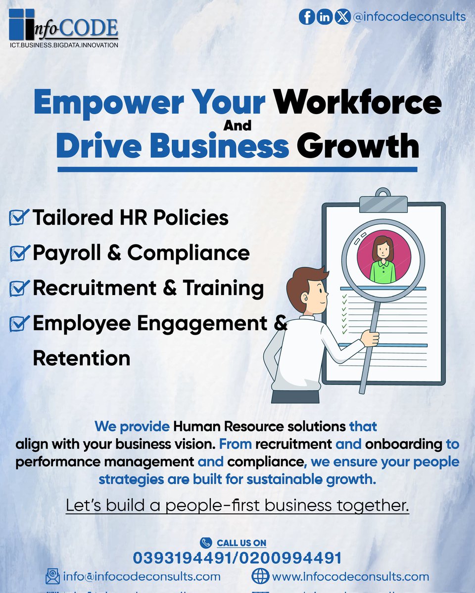 Empower your team, Drive growth🚀
Info-code consults offers;
✅ HR Policies
✅ Payroll &amp; Compliance
✅ Recruitment &amp; Training
✅ Engagement &amp; Retention
📞 0393194491 / 0200994491
🌐 infocodeconsults.com
#hrsolutions  #BusinessTransformation #news23