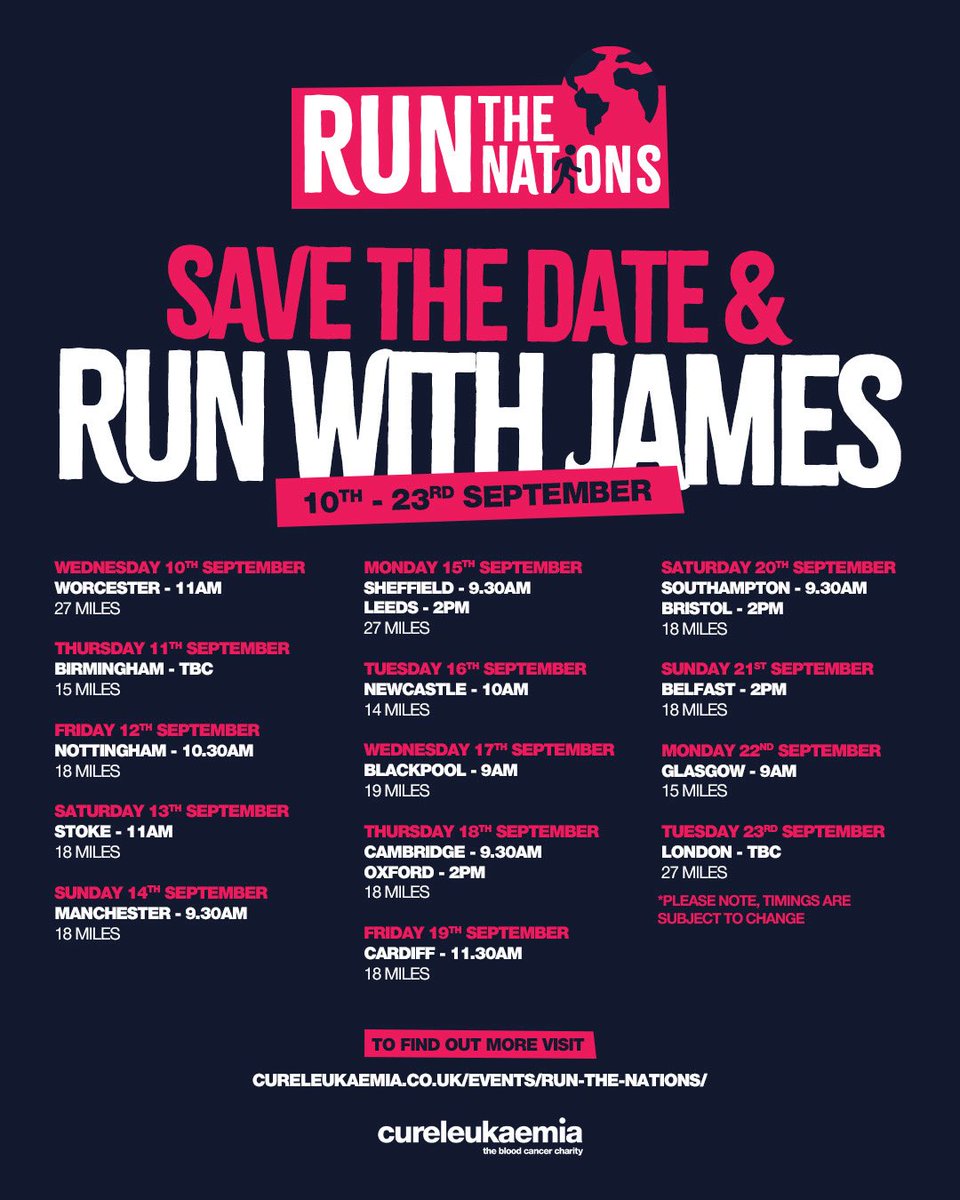 Mc73James's tweet photo. Run the Nations Update - here are the days, mileage and timings.

Looking for people to run part / all of a stage with me , be a shirt sponsor or simply a donation if possible - all will help me to the £100,000
Target for my Final Run

All info on link 🏃🏻‍♂️

https://t.co/WxFtYjjE4L https://t.co/JYabTcB3DG