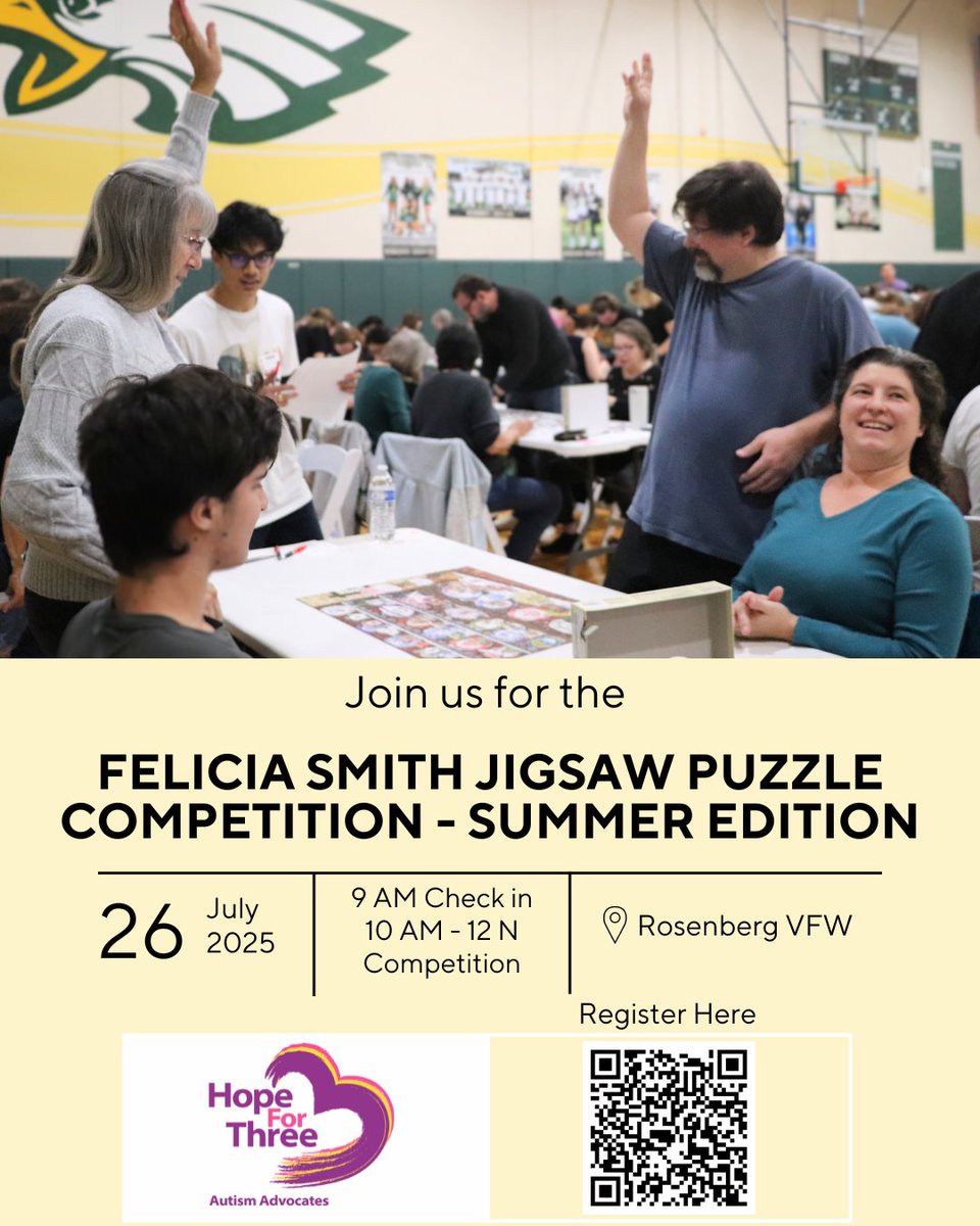 Hope_for_three's tweet image. 🧩 Don’t miss it—spots are almost gone! 
The Felicia Smith Jigsaw Puzzle Competition-Summer Edition is July 26 at Rosenberg VFW!
⚡️ Register now or miss the fun: hopeforthree.org/events/
#PuzzleForAPurpose #HopeForThree