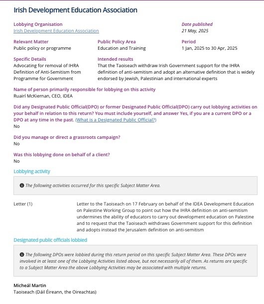 Daniel Epstein-O'Dowd (@dodubhda) on Twitter photo Why is it that <a href="/IDEAIreland/">IDEA: Irish Development Education Association</a> - a taxpayer-funded NGO - is lobbying the Taoiseach & Department of Foreign Affairs on the IHRA Definition of Antisemitism?
This entity in the last lobbying period wrote to the Taoiseach demanding that the IHRA Definition of Antisemitism be removed Why is it that <a href="/IDEAIreland/">IDEA: Irish Development Education Association</a> - a taxpayer-funded NGO - is lobbying the Taoiseach & Department of Foreign Affairs on the IHRA Definition of Antisemitism?
This entity in the last lobbying period wrote to the Taoiseach demanding that the IHRA Definition of Antisemitism be removed