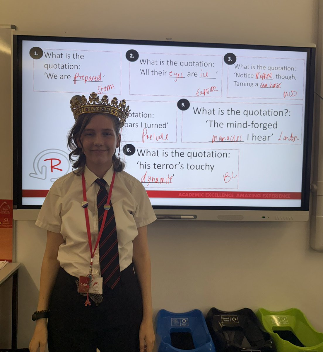 EnglishTASE's tweet image. Mrs Minney’s Y10 classes have been developing their revision through the daily poetry master challenge. Celebrating our poetry masters with the crown and title 👑🗣️❤️ @TrinityAcadStE
