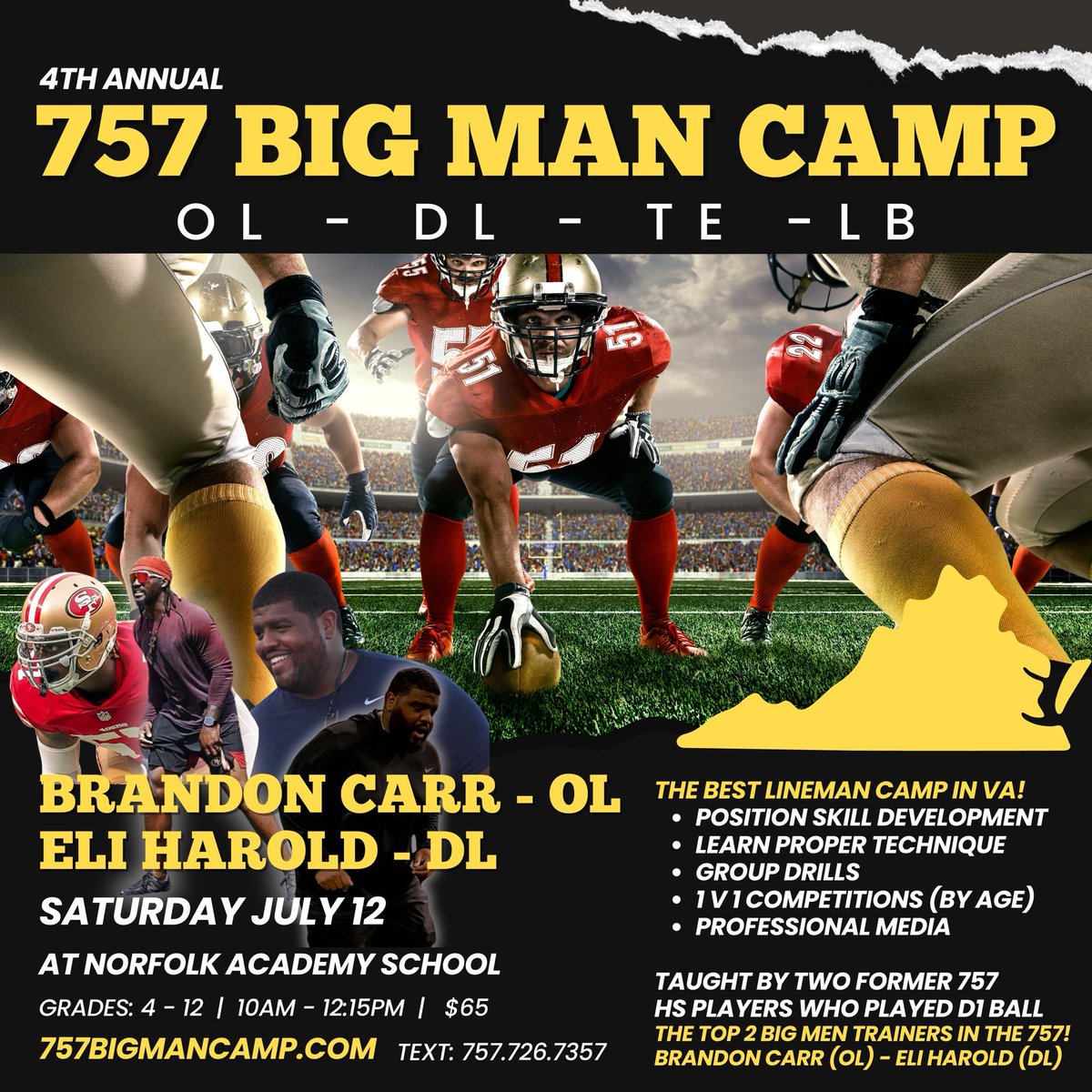 the 757 𝘽𝙄𝙂 𝙈𝘼𝙉 Camp 👊🏽
<a href="/BrandonC_Carr/">Brandon Carr</a> with the OL
<a href="/EliHarold_/">Ras Eli</a> with the DL
Great 757 OL / DL coaches + college players from ODU, NSU &amp; Hampton!
🚨 year number 4 ➡️ so cool to see where past campers have landed!
757BigManCamp.com • 757.726.735