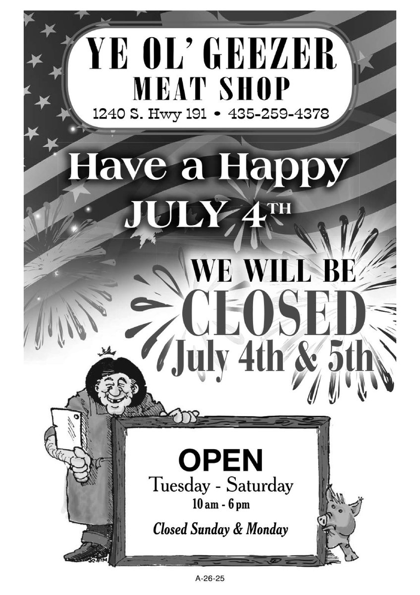Geezer_meats's tweet photo. We will be CLOSED the 4th and 5th!

#4thofJuly2025 #yeolgeezermeatshop #geezermeatshop #bestmeatinmoab #bestmeatintown #beststeaksintown #moab #moabutah #moabutah🏜 #nobodybeatsgeezers https://t.co/OPsunFTups