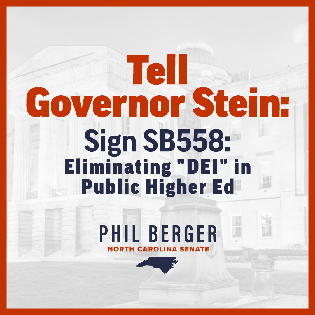 SenatorBerger's tweet image. Students should not have to worry about discriminatory policies masquerading as “DEI.” Gov. Stein must sign Senate Bill 558 to dismantle these practices and the teaching of divisive concepts in our UNC system schools.