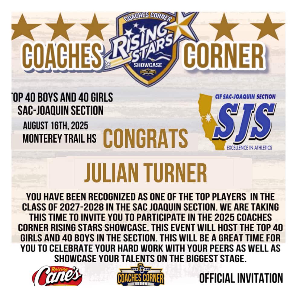 Honored to be competing in the Rising Stars game this year in Sacramento. First northern section player to play in it. August 16th 4:00 pm.