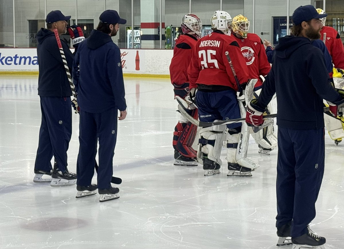 Okie Kolzig, Braden Holtby and Logan Thompson are on the ice with the #ALLCAPS goalies at dev camp.