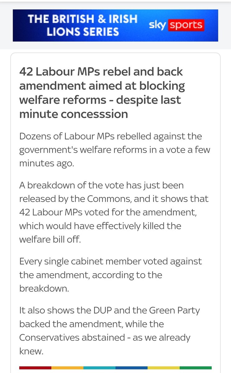 The welfare bill passes! But 42 Labour MPs vote against it. That's too many for the whip to suspend but Starmer will be relieved he avoids a defeat, although he did have to make some drastic changes to keep backbenchers happy. All Cabinet ministers vote with the party #CMR