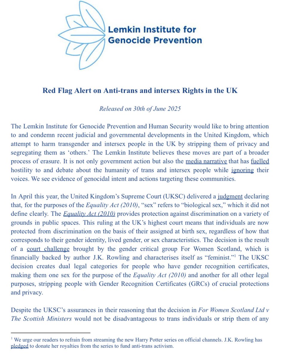 JK Rowling has been named in the Lemkin Institute for Genocide Prevention's Red Flag Alert on the erosion of trans and intersex rights in the UK and the climate of danger the Gender Critical movement has created.