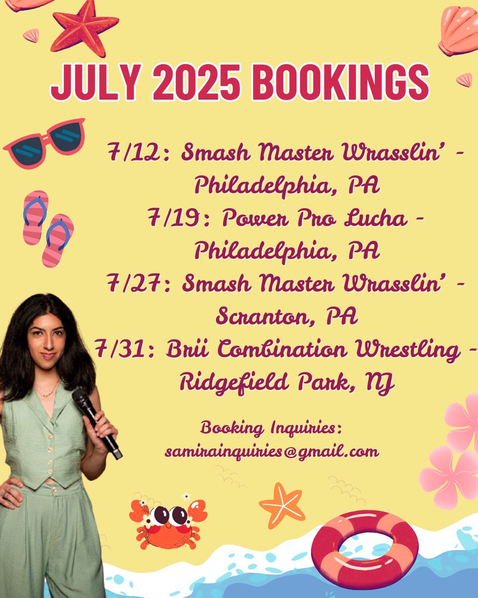 Samira سميرة (@theitssamira) on Twitter photo New month, new schedule! Here is where you can find me ring announcing and doing backstage correspondence in July! 🎤
Want to book me for your show? Email me at samirainquiries@gmail.com ☀️ New month, new schedule! Here is where you can find me ring announcing and doing backstage correspondence in July! 🎤
Want to book me for your show? Email me at samirainquiries@gmail.com ☀️